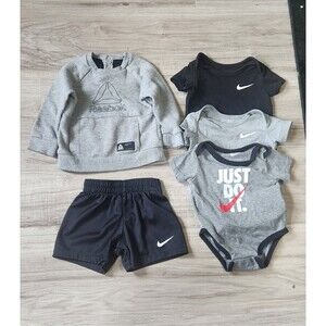 Nike Reebok Baby Outfit Bundle 6-9M 5pc Bodysuit Sweatshirt Shorts Black Gray